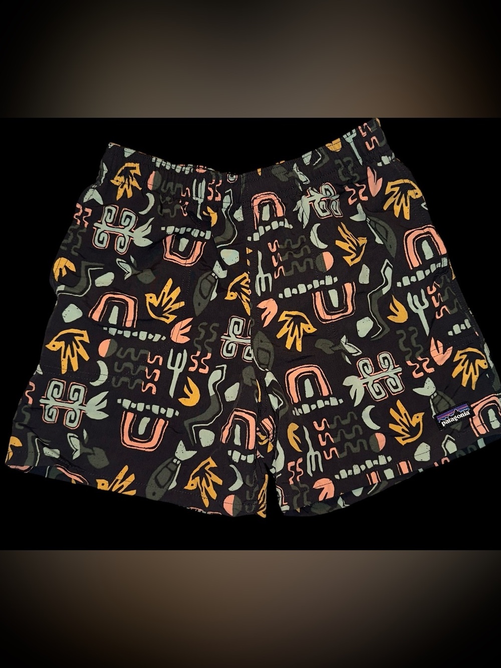 Kids XL Patagonia Black swimming trunks with Multicolor Abstract Print